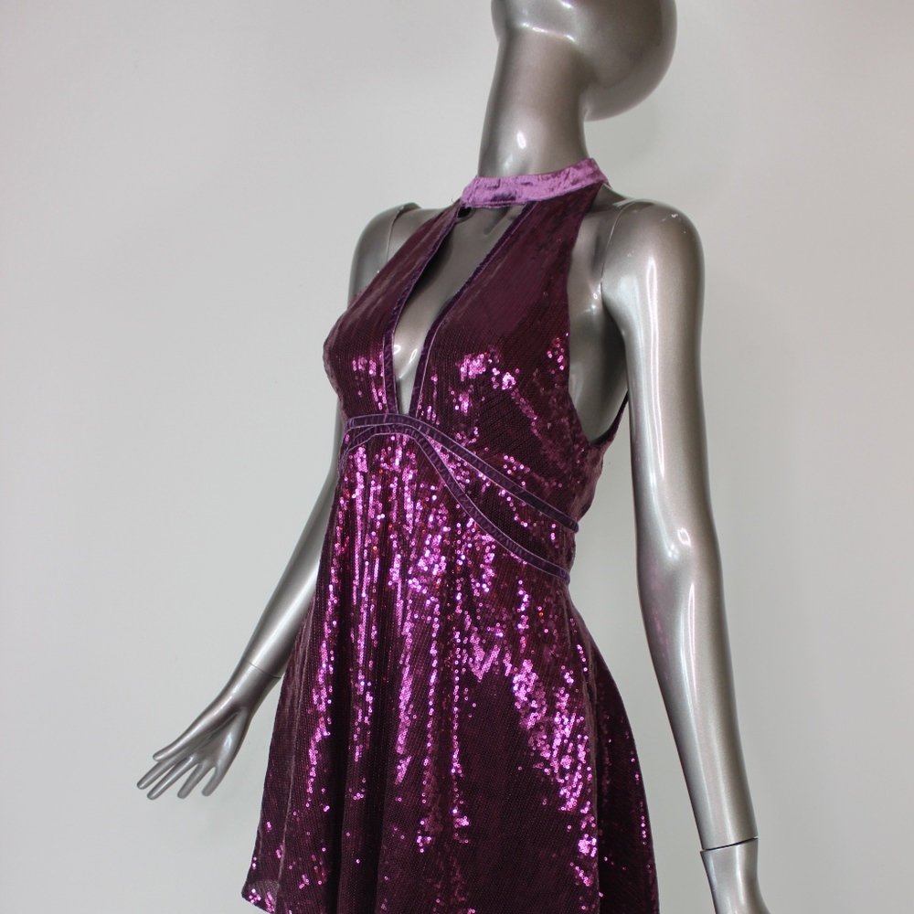 Free People Women Dress Sequin Halter Plum NWT